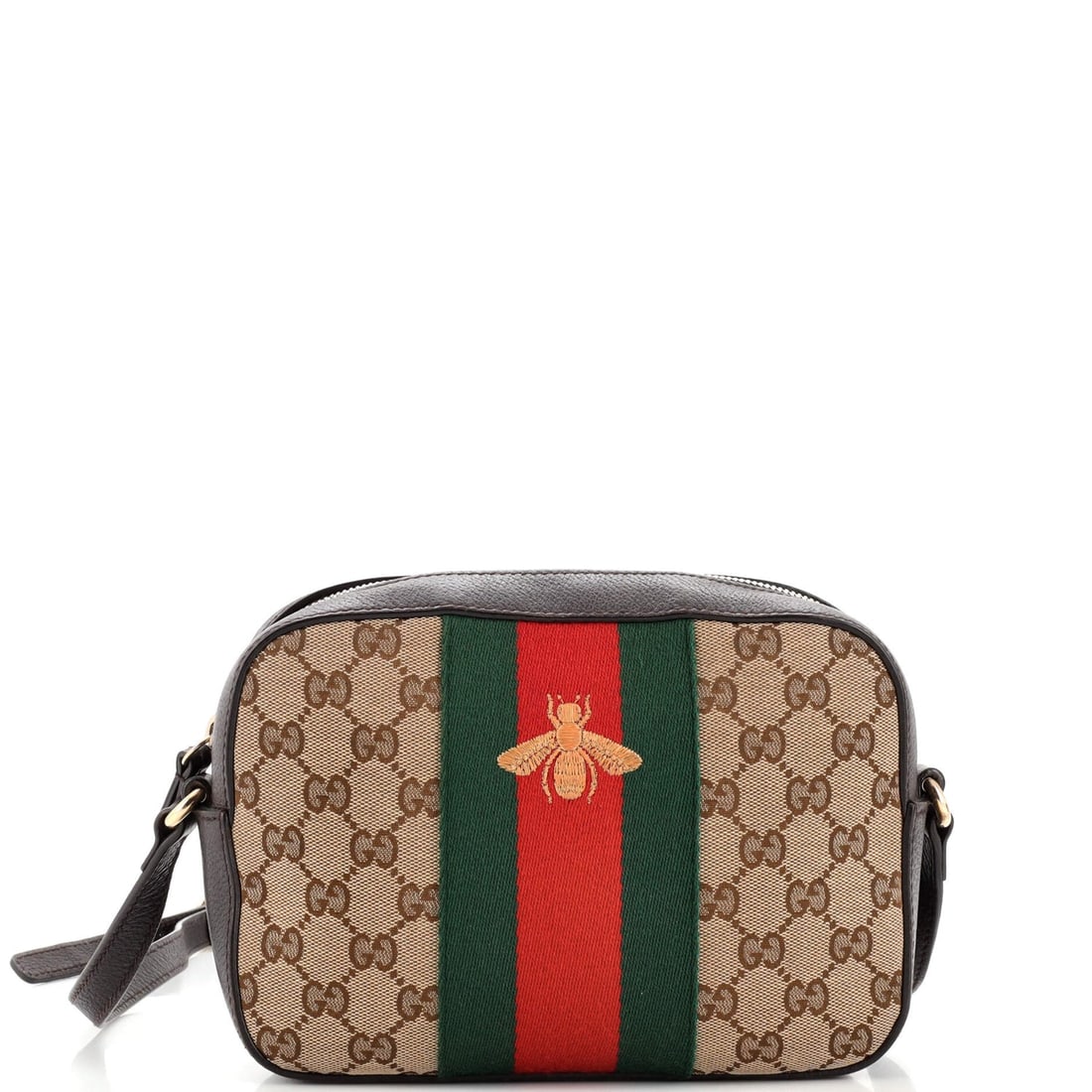 Gucci Bee Web Camera Bag GG Canvas: Gucci Bee Web Camera Bag GG Canvas Exterior Color: Brown Interior Color: Neutral Exterior Material: Canvas Coated Interior Material: Fabric Hardware Color: Gold Tone Accessories: No Accessories <b