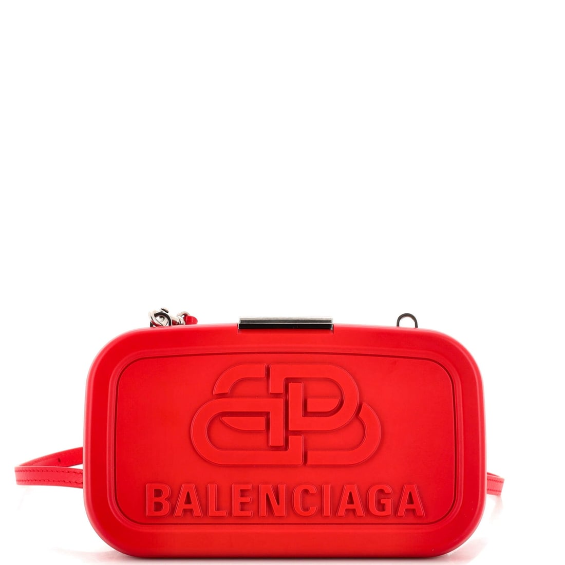 Balenciaga Logo Lunch Box Bag Plastic: Balenciaga Logo Lunch Box Bag Plastic ---- Exterior Color: Red ---- Interior Color: Red ---- Exterior Material: Resin ---- Interior Material: Leather ---- Hardware Color: Aged Silver ---- Accessories: