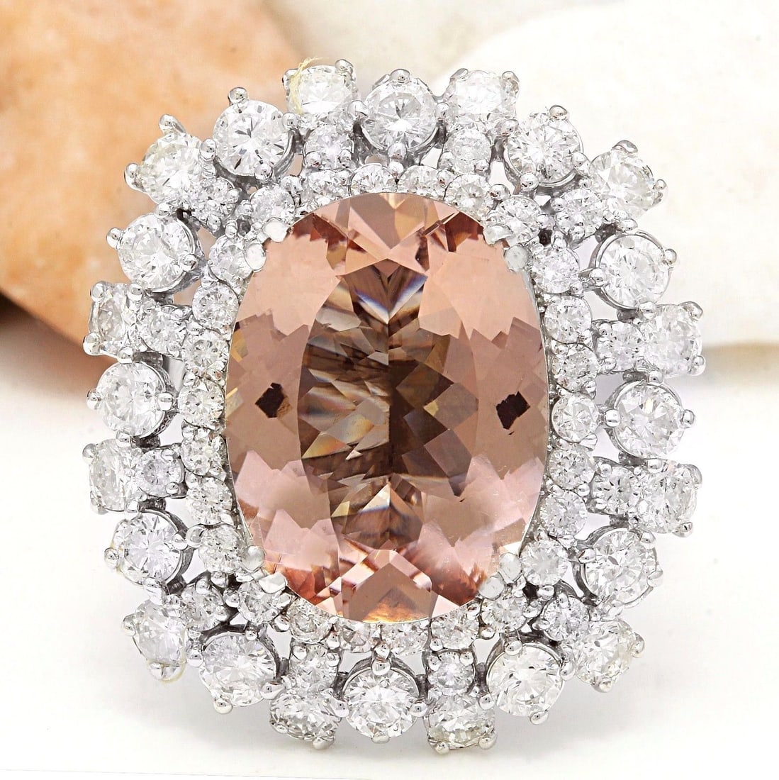 13.35 Carat Natural Morganite 14K Solid White Gold Diamond Ring: 13.35 Carat Natural Morganite 14K Solid White Gold Diamond Ring 13.35 Carat Natural Morganite 14K Solid White Gold Diamond RingItem Type: RingItem Style: CocktailMaterial: 14K White GoldMainstone: Mor