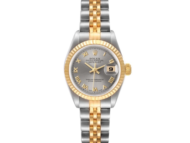Rolex Datejust Steel Yellow Gold Slate Roman Dial Ladies Watch: Rolex Datejust Steel Yellow Gold Slate Roman Dial Ladies Watch ---- Product Code: 48267-34CB0 ---- Brand: Rolex ---- Condition: Pre-Owned ---- Rolex Datejust Steel Yellow Gold Slate Roman Dial Ladies