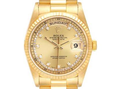 Rolex President Day-Date Yellow Gold String Diamond Dial Mens Watch: Rolex President Day-Date Yellow Gold String Diamond Dial Mens Watch ---- Product Code: 54527-34CB0 ---- Brand: Rolex ---- Condition: Pre-Owned ---- Rolex President Day-Date Yellow Gold String Diamond
