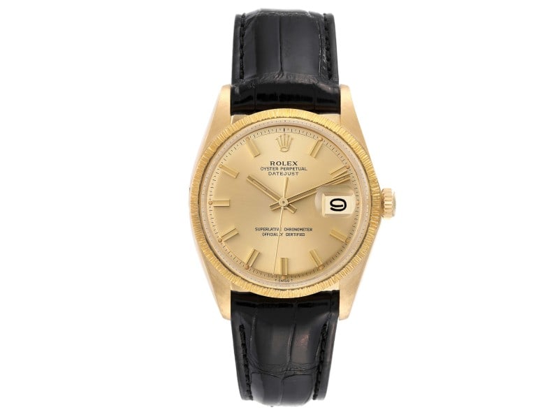 Rolex Datejust Yellow Gold Bark Finish Wide Boy Dial Vintage Mens Watch: Rolex Datejust Yellow Gold Bark Finish Wide Boy Dial Vintage Mens Watch ---- Product Code: 51810-34CB0 ---- Brand: Rolex ---- Condition: Pre-Owned ---- Rolex Datejust Yellow Gold Bark Finish Wide Boy