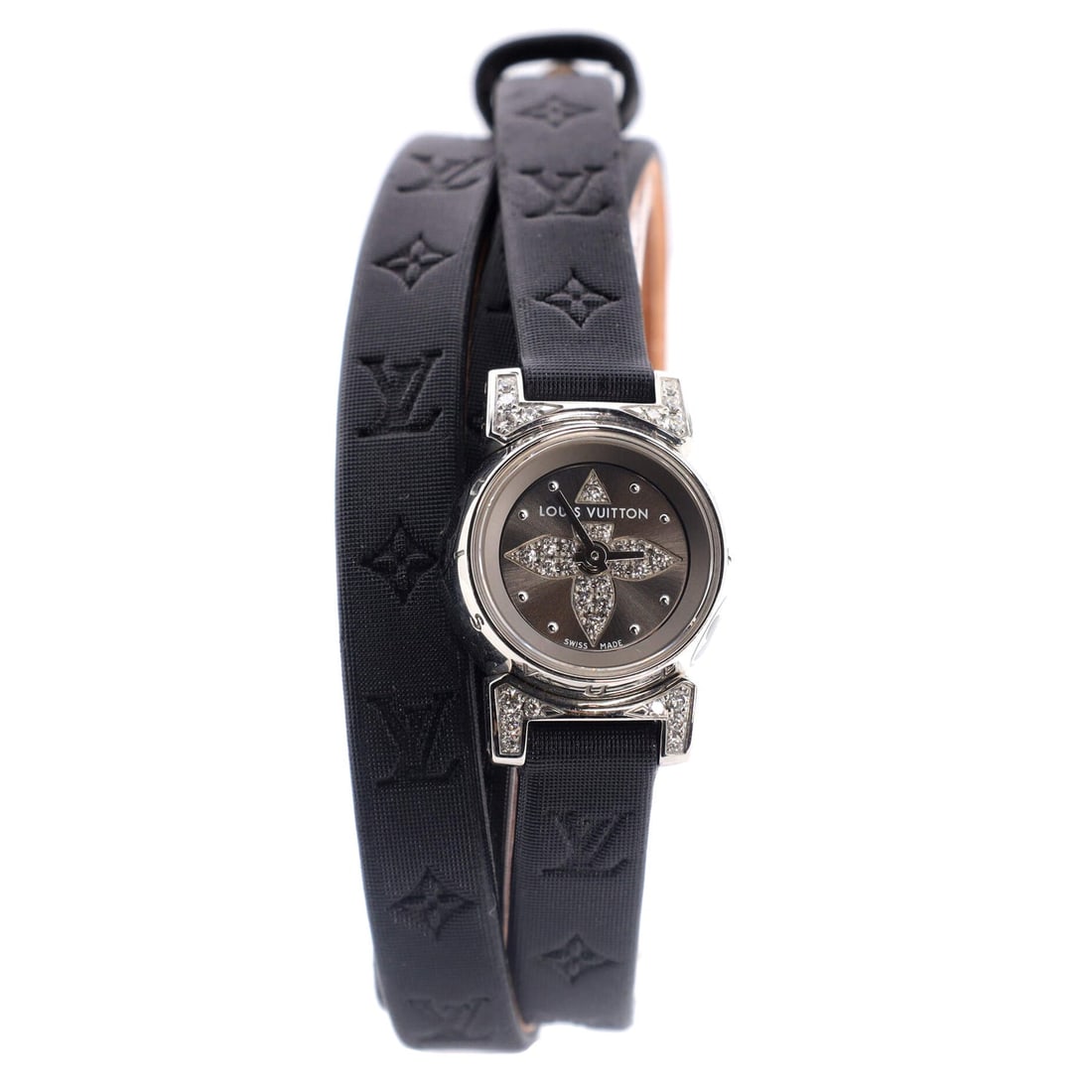Louis Vuitton Tambour Bijou Noir Quartz Watch Stainless Steel and Monogram Embossed Satin 18: Louis Vuitton Tambour Bijou Noir Quartz Watch Stainless Steel and Monogram Embossed Satin 18 ---- Dial Color: Gray ---- Dial Material: Diamond accent ---- Band Color: Black ---- Band Material: Satin -