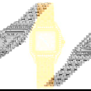 Cartier Vintage Panthere de Cartier Quartz Watch Yellow Gold with Diamond Bezel and Lugs 22: Cartier Vintage Panthere de Cartier Quartz Watch Yellow Gold with Diamond Bezel and Lugs 22 ---- Dial Color: Neutral ---- Band Color: Gold ---- Band Material: 18 K Yellow Gold ---- Case Material: 18 K