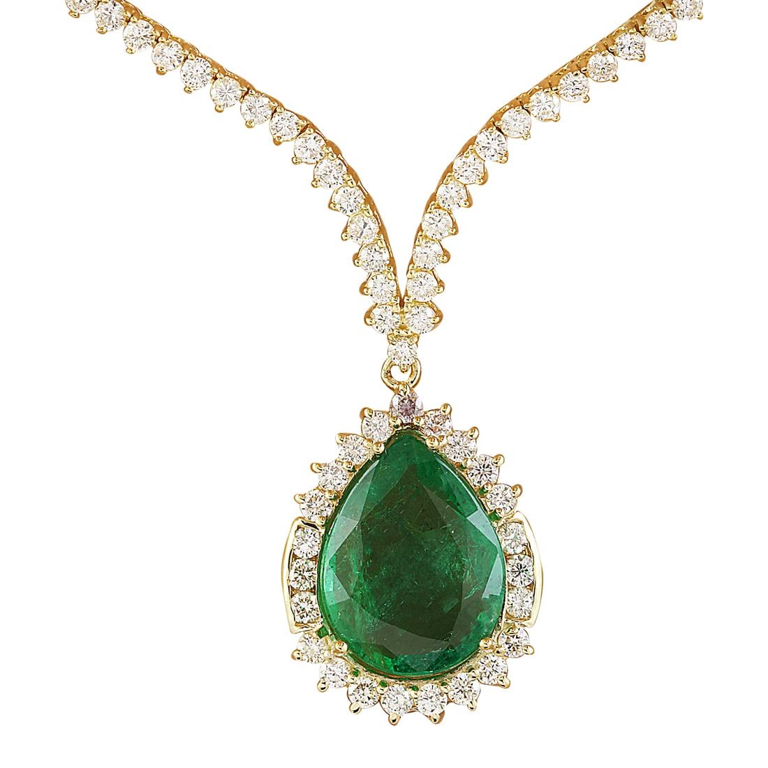 11.27 Carat Emerald 18K Yellow Gold Diamond Necklace: 11.27 Carat Emerald 18K Yellow Gold Diamond Necklace Stamped: 750 Total Necklace Weight: 21.3 Grams Necklace Length: 16 Inches Emerald Weight: 6.97 Carat (16.50x12.50 Millimeters) Diamond Weight: 4.30