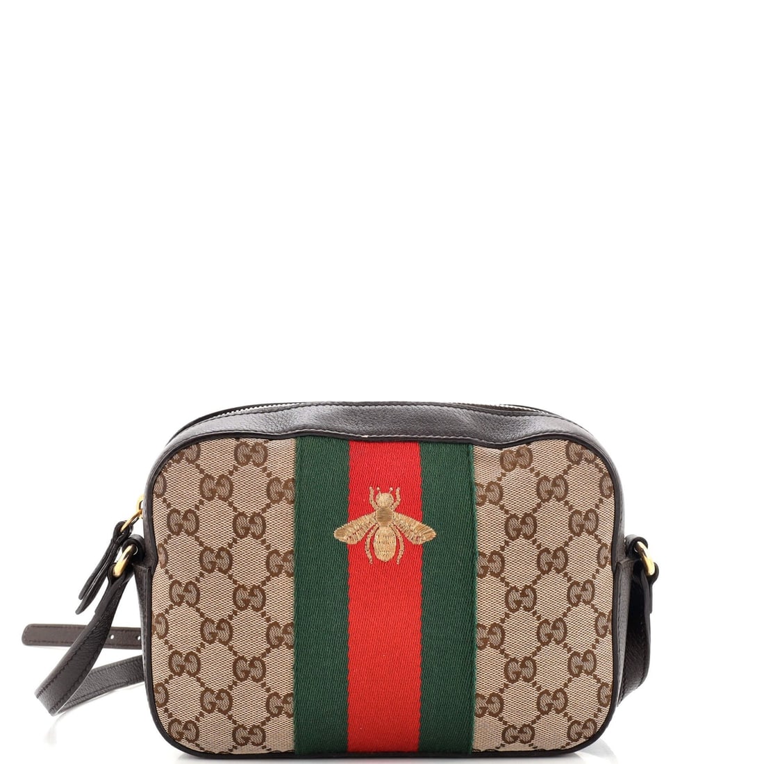 Gucci Bee Web Camera Bag GG Canvas: Gucci Bee Web Camera Bag GG Canvas ---- Exterior Color: Brown ---- Interior Color: Neutral ---- Exterior Material: Canvas Plain, Leather ---- Interior Material: Fabric ---- Hardware Color: Gold ---- A