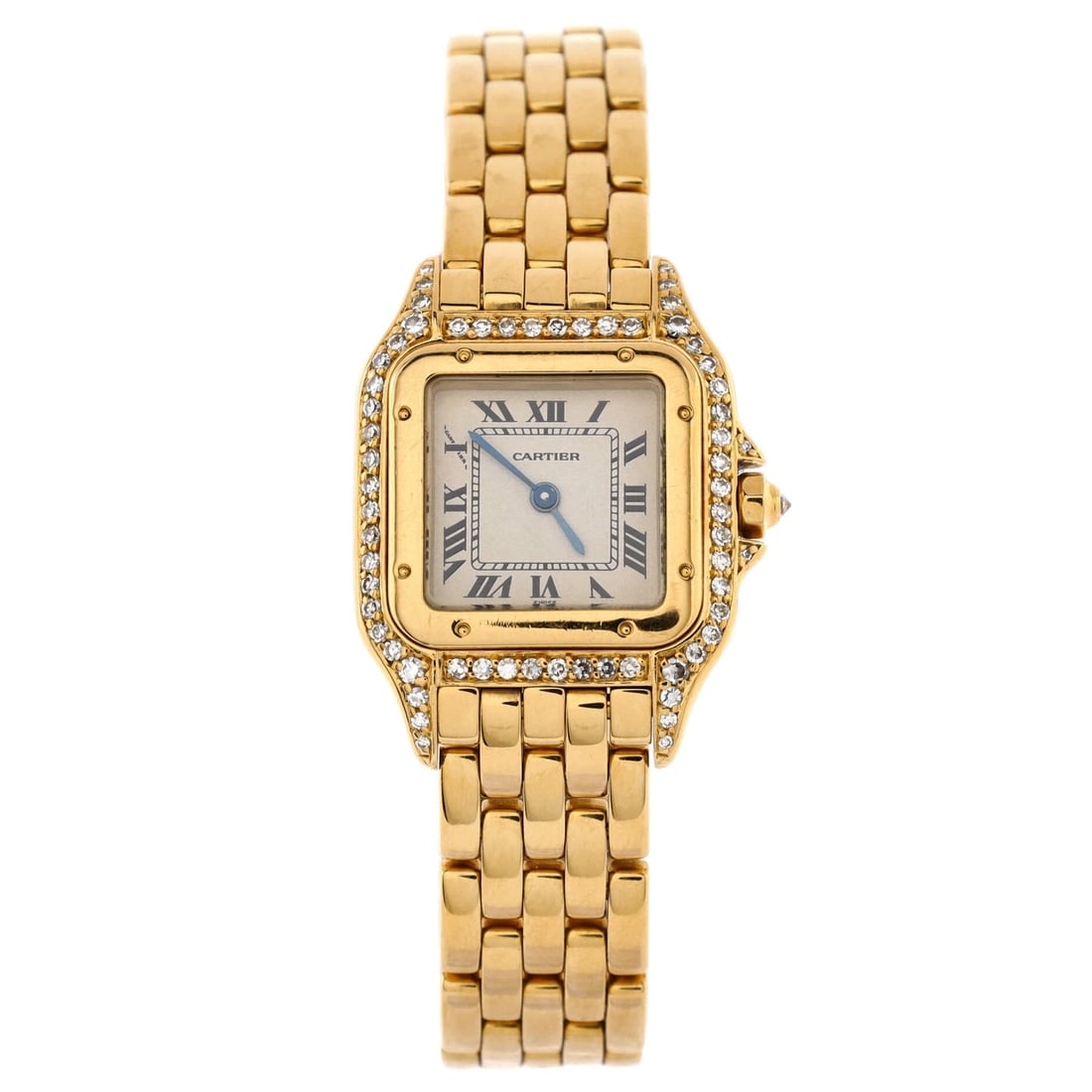 Cartier Vintage Panthere de Cartier Quartz Watch Yellow Gold with Diamond Bezel and Lugs 22: Cartier Vintage Panthere de Cartier Quartz Watch Yellow Gold with Diamond Bezel and Lugs 22 Dial Color: Neutral Band Color: Gold Band Material: 18 K Yellow Gold Case Material: 18 K Yellow Gold Bezel M