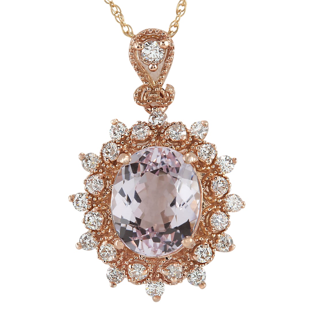 4.79 Carat Morganite 18K Rose Gold Diamond Necklace: 4.79 Carat Morganite 18K Rose Gold Diamond Necklace Stamped: 18K Rose Gold Total Necklace Weight: 4.0 Grams Necklace Length: 18 Inches Necklace Width: N/A Gemstone Weight: Total Natural Morganite Weig