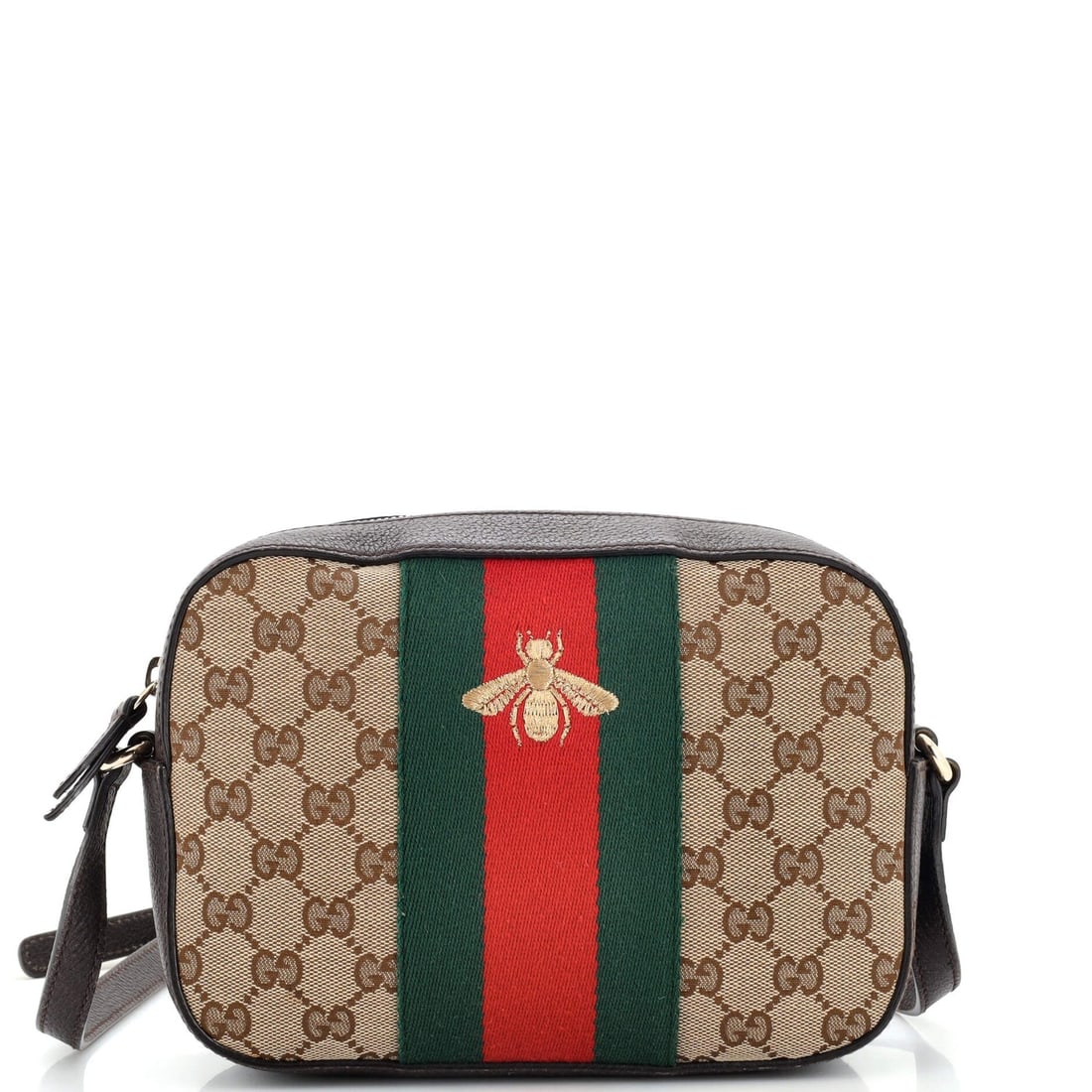 Gucci Bee Web Camera Bag GG Canvas: Gucci Bee Web Camera Bag GG Canvas Exterior Color: Brown Interior Color: Neutral Exterior Material: Canvas Plain Interior Material: Fabric Hardware Color: Gold Tone Accessories: No Accessories <br