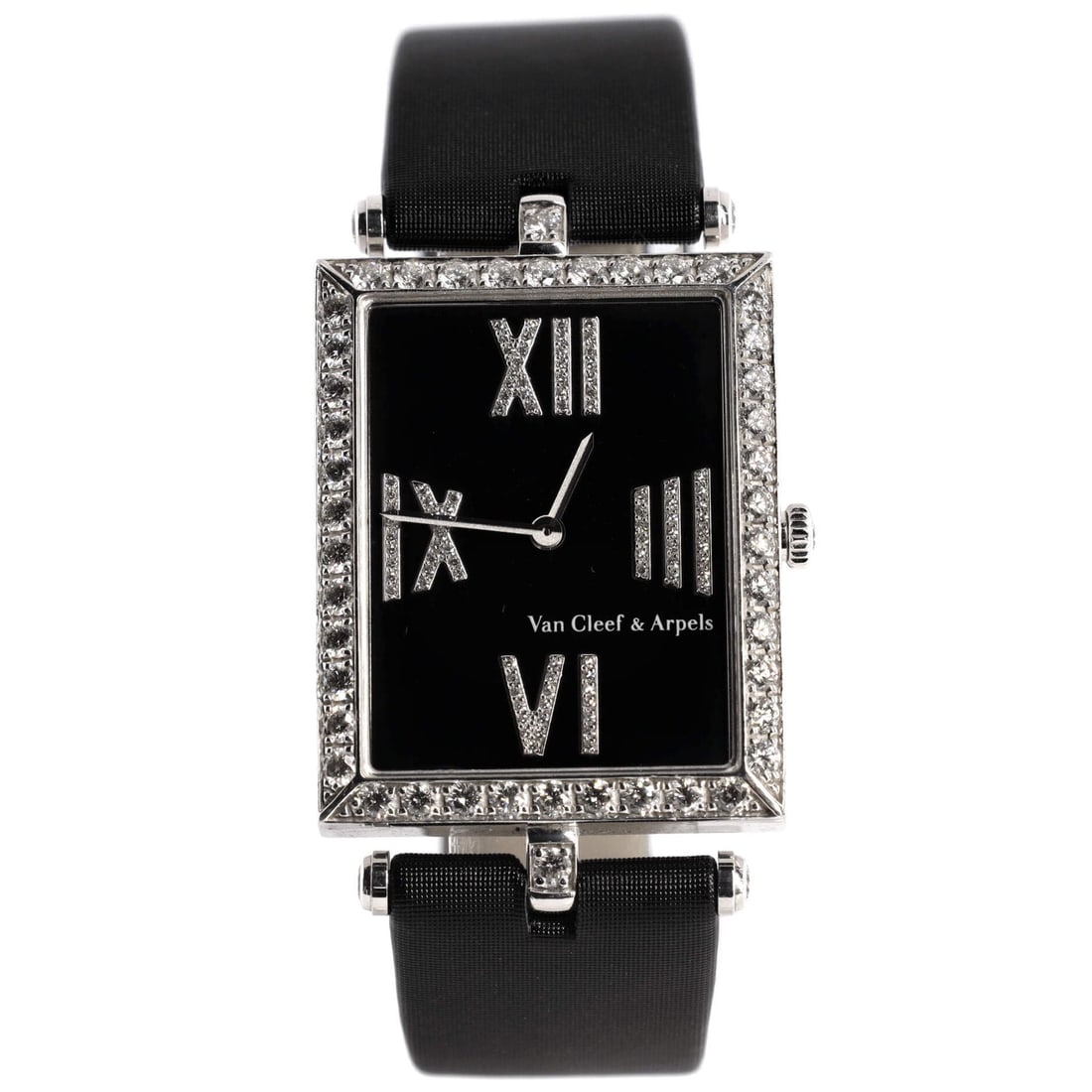 Van Cleef & Arpels Lady Arpels Classique Rectangular Quartz Watch White Gold and Satin with Diamond: Van Cleef & Arpels Lady Arpels Classique Rectangular Quartz Watch White Gold and Satin with Diamond Bezel and Markers 27 Dial Color: Black Dial Material: Diamond hour markers Band Color: Black Band Ma