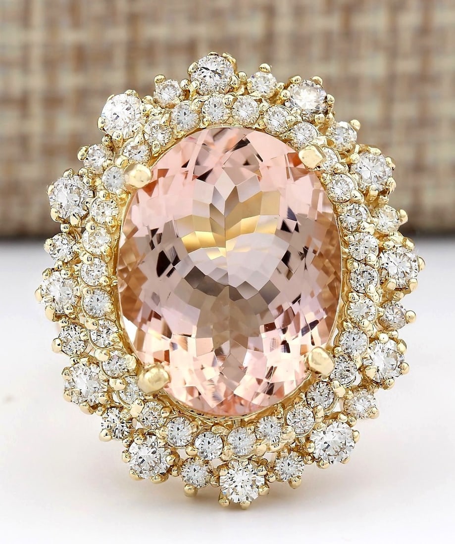 10.15 Carat Natural Morganite And Diamond Ring In 14k Solid Yellow Gold: 10.15 Carat Natural Morganite And Diamond Ring In 14k Solid Yellow Gold Stamped: 14K Ring Size: 6.75 Total Ring Weight: 16 Grams Diamond Weight: Total natural diamond weight is 1.50carat. VS2-SI1 clar