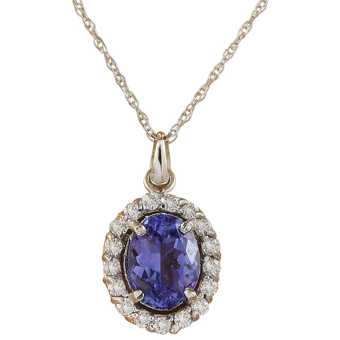 2.00 Carat Tanzanite 18K White Gold Diamond Necklace: 2.00 Carat Tanzanite 18K White Gold Diamond Necklace Stamped: 18K Total Necklace Weight: 1.4 Grams Necklace Length 18 Inches Tanzanite Weight: 1.65 Carat (9.00x7.00 Millimeters) Diamond Weight: 0.35 C