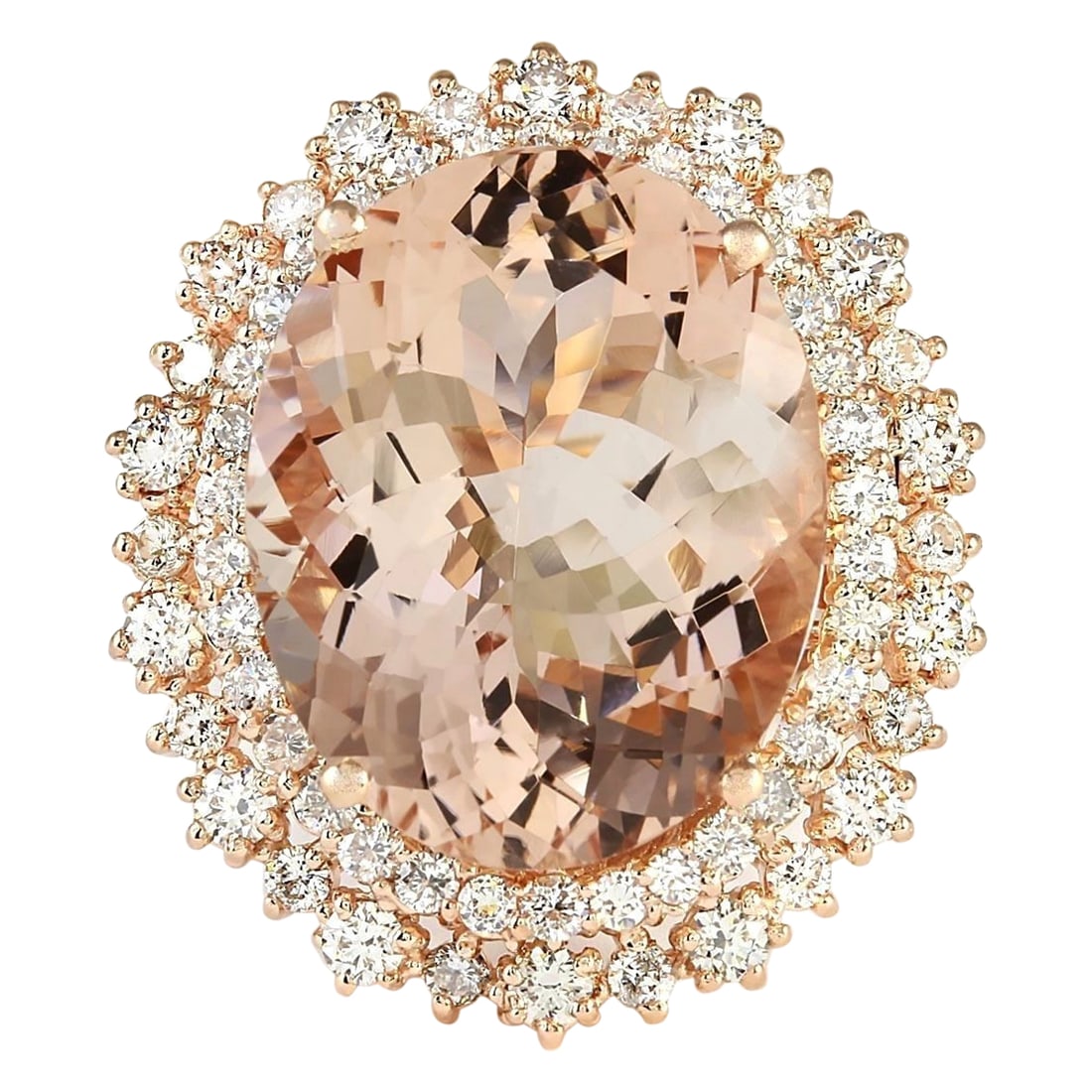 17.56 Carat Natural Morganite 18K Rose Gold Diamond Ring: 17.56 Carat Natural Morganite 18K Rose Gold Diamond Ring Stamped: 18K Rose Gold Total Ring Weight: 9.9 Grams Ring Length: N/A Ring Width: N/A Gemstone Weight: Total Natural Morganite Weight is 15.56 C