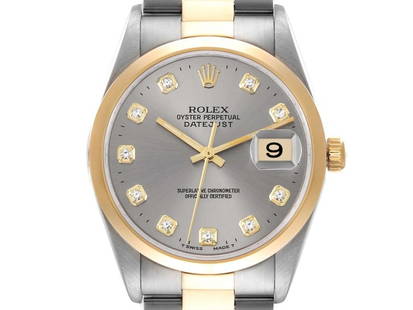 Rolex Datejust Steel Yellow Gold Slate Diamond Dial Mens Watch: Rolex Datejust Steel Yellow Gold Slate Diamond Dial Mens Watch ---- Product Code: 53999-34CB0 ---- Brand: Rolex ---- Condition: Pre-Owned ---- Rolex Datejust Steel Yellow Gold Slate Diamond Dial Mens
