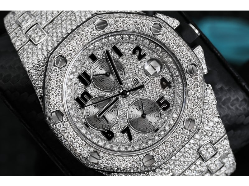 Audemars Piguet Royal Oak Offshore Chronograph Stainless Steel Automatic Fully Iced Out Watch Grey: Audemars Piguet Royal Oak Offshore Chronograph Stainless Steel Automatic Fully Iced Out Watch Grey Sub-Dials ---- Product Code: DR596-E21A8 ---- Brand: Audemars Piguet ---- Condition: Pre-Owned ---- A