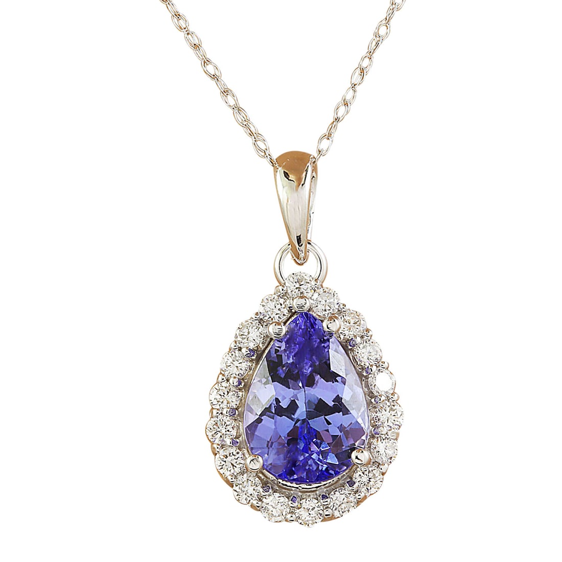 3.46 Carat Tanzanite 18K White Gold Diamond Necklace: 3.46 Carat Tanzanite 18K White Gold Diamond Necklace Stamped: 18K Total Necklace Weight: 1.5 Grams Necklace Length: 18 Inches Tanzanite Weight: 3.00 Carat (10.50x7.35 Millimeters) Diamond Weight: 0.46