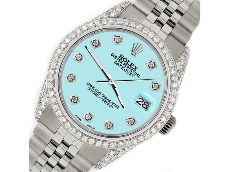 Rolex Datejust 36mm Steel Watch 2.85ct Diamond Bezel/Pave Case/Aqua Blue Dial: Rolex Datejust 36mm Steel Watch 2.85ct Diamond Bezel/Pave Case/Aqua Blue Dial ---- Product Code: 334004765477-E ---- Brand: Rolex ---- Condition: Pre-Owned ---- Model: Datejust ---- Item Specifics: --