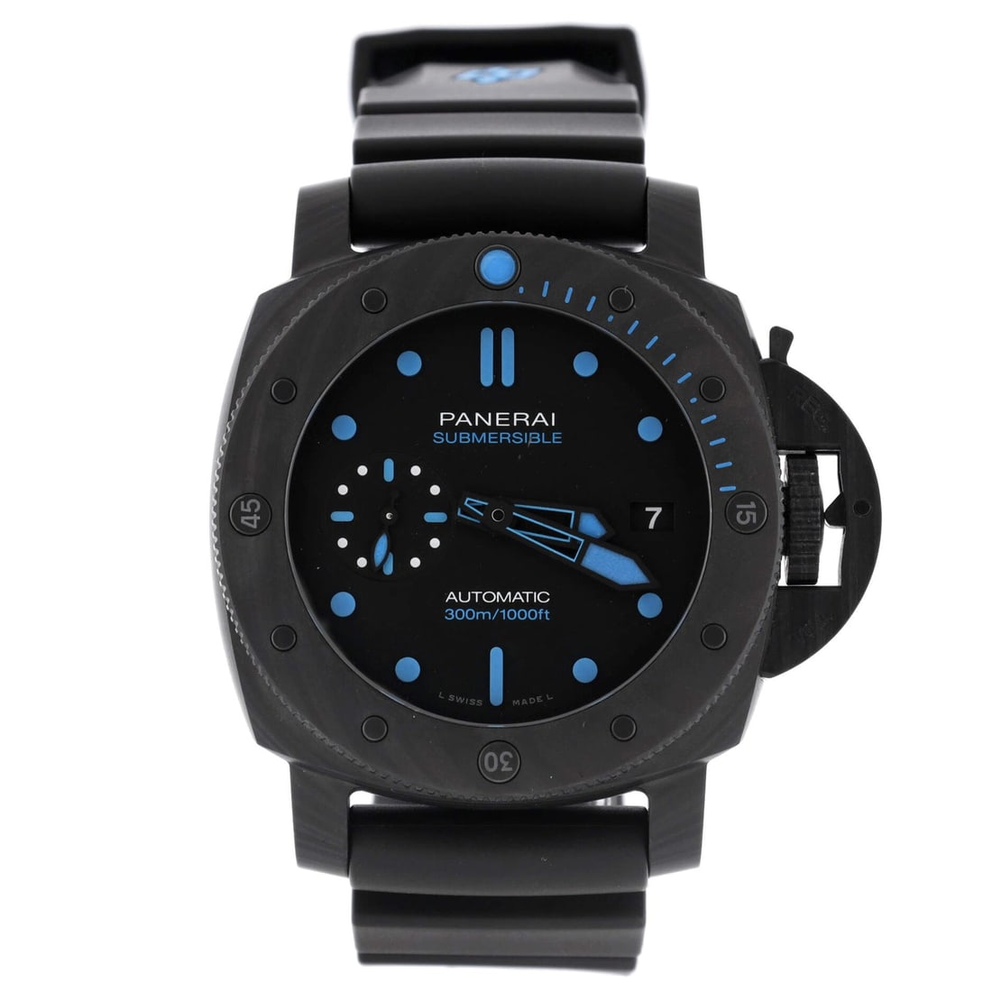 Panerai Luminor Submersible 300M Automatic Watch Carbotech and Rubber 42: Panerai Luminor Submersible 300M Automatic Watch Carbotech and Rubber 42 Dial Color: Black Band Color: Black Band Material: Ruber / Silicone Case Material: Carbon Bezel Material: Carbon Movement: