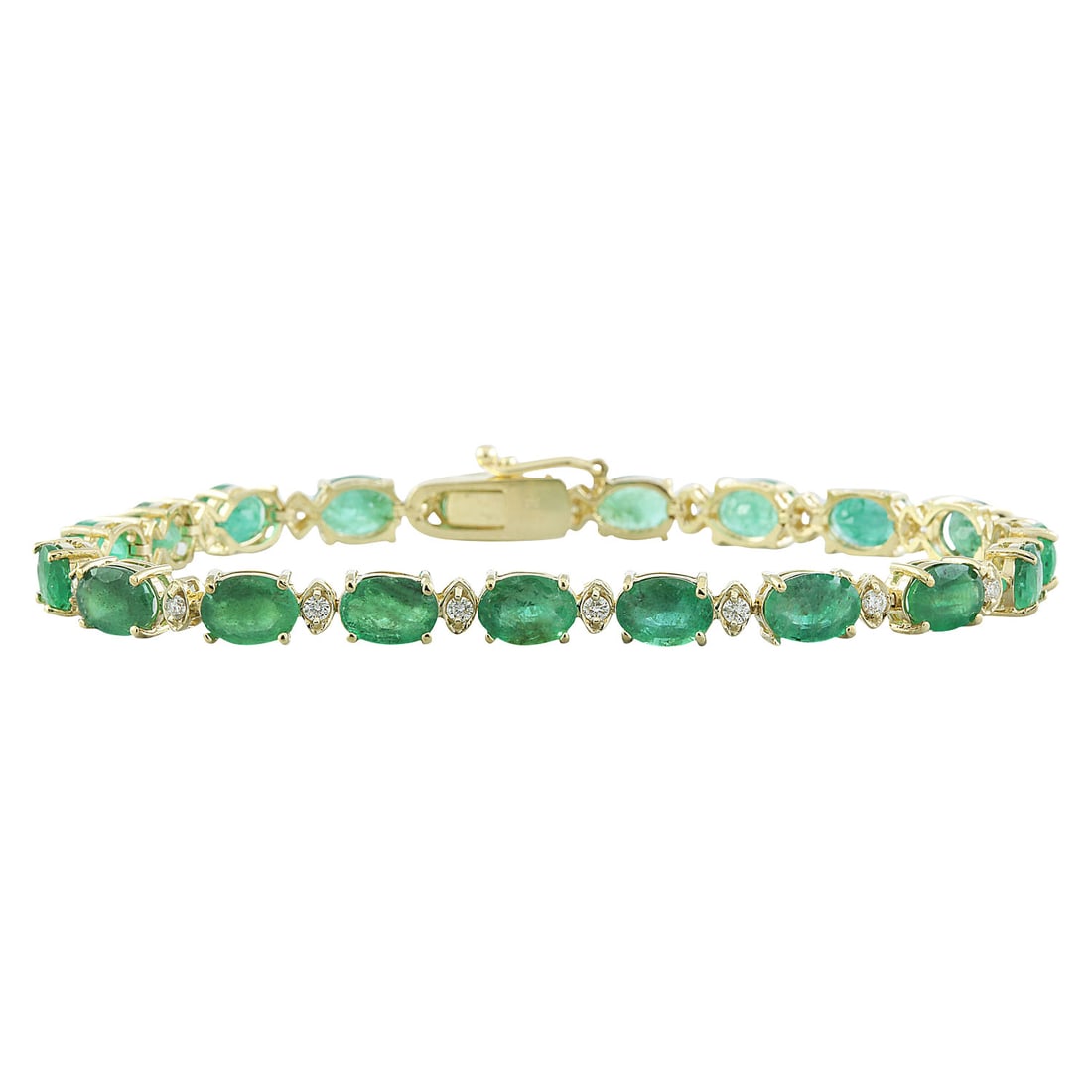 15.29 Carat Emerald 14K Yellow Gold Diamond Bracelet: 15.29 Carat Emerald 14K Yellow Gold Diamond Bracelet Stamped: 14K Total Bracelet Weight: 10.2 Grams Bracelet Length: 7 Inches Emerald Weight: 14.59 Carat (7.00x5.00 Millimeter) Diamond Weight: 0.70 Ca