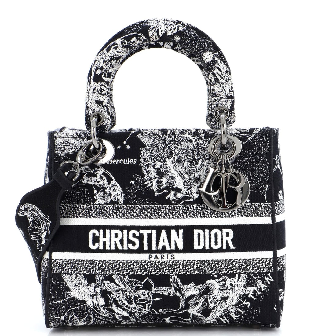 Lady D-Lite Bag Embroidered Canvas Medium: Lady D-Lite Bag Embroidered Canvas Medium ---- Exterior Color: Black, White ---- Interior Color: Black, White ---- Exterior Material: Canvas Plain ---- Interior Material: Canvas Plain ---- Hardware Co