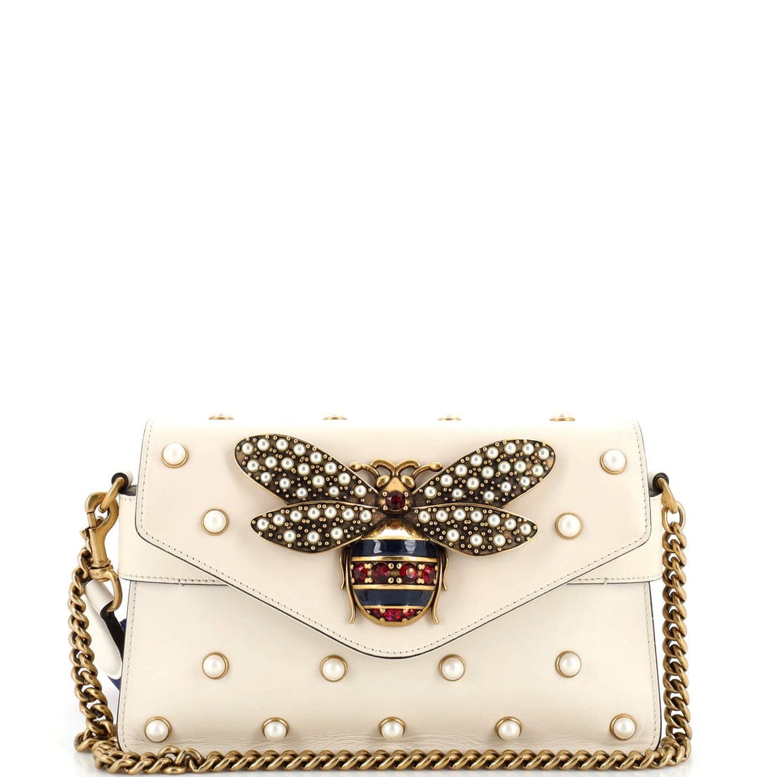 Gucci Broadway Pearly Bee Shoulder Bag Embellished Leather Mini: Gucci Broadway Pearly Bee Shoulder Bag Embellished Leather Mini ---- Exterior Color: Neutral ---- Interior Color: Neutral ---- Exterior Material: Leather ---- Interior Material: Leather ---- Hardware