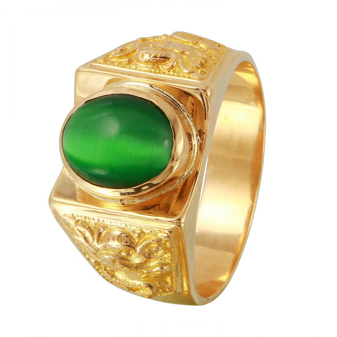 Mens 4CTW Cats Eye 18k Yellow Gold Ring: Product Type: Ring Size: 9.5 Sizing lower range: 8 Sizing upper range: 11 Gender: Mens Country of Origin: USA Setting Type: Bezel Main Gemstone name: Cats eye Main Gemstone color: Green Main Gemstone 