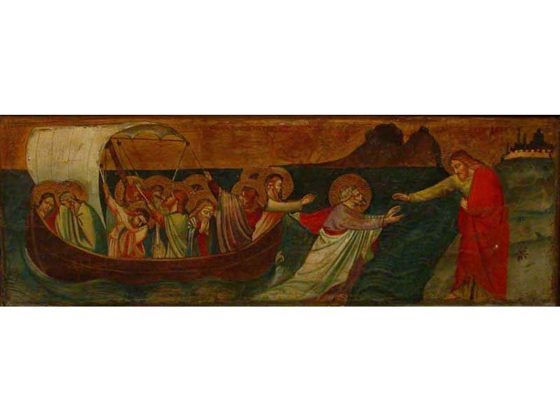 Apparizione di Gesù sul lago di Tiberiade: antico olio su tavola, Apparizione di Gesù sul lago di Tiberiade. Cornice in legno. 34 x 81 cm