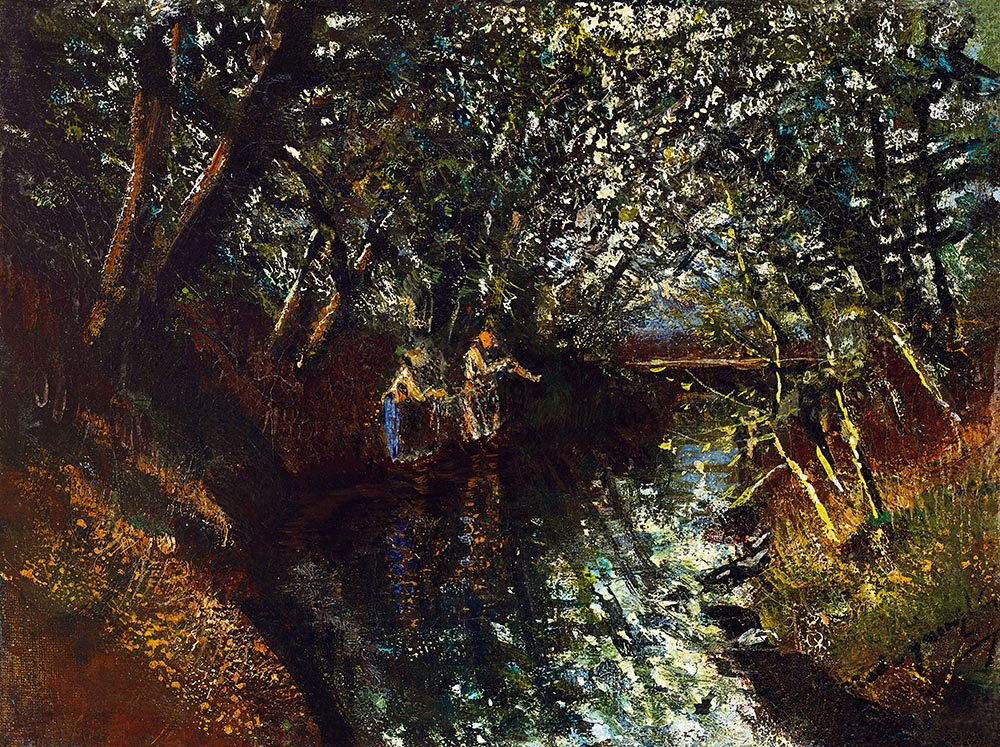 Mednyanszky Laszlo, 1852-1919, Brook-side (Mirroring): Artist: Mednyanszky Laszlo Dates: 1852-1919 Title: Brook-side (Mirroring) Size: 16x21 cm Technique: Oil on canvas Signature: signed lower right: Mednyanszky