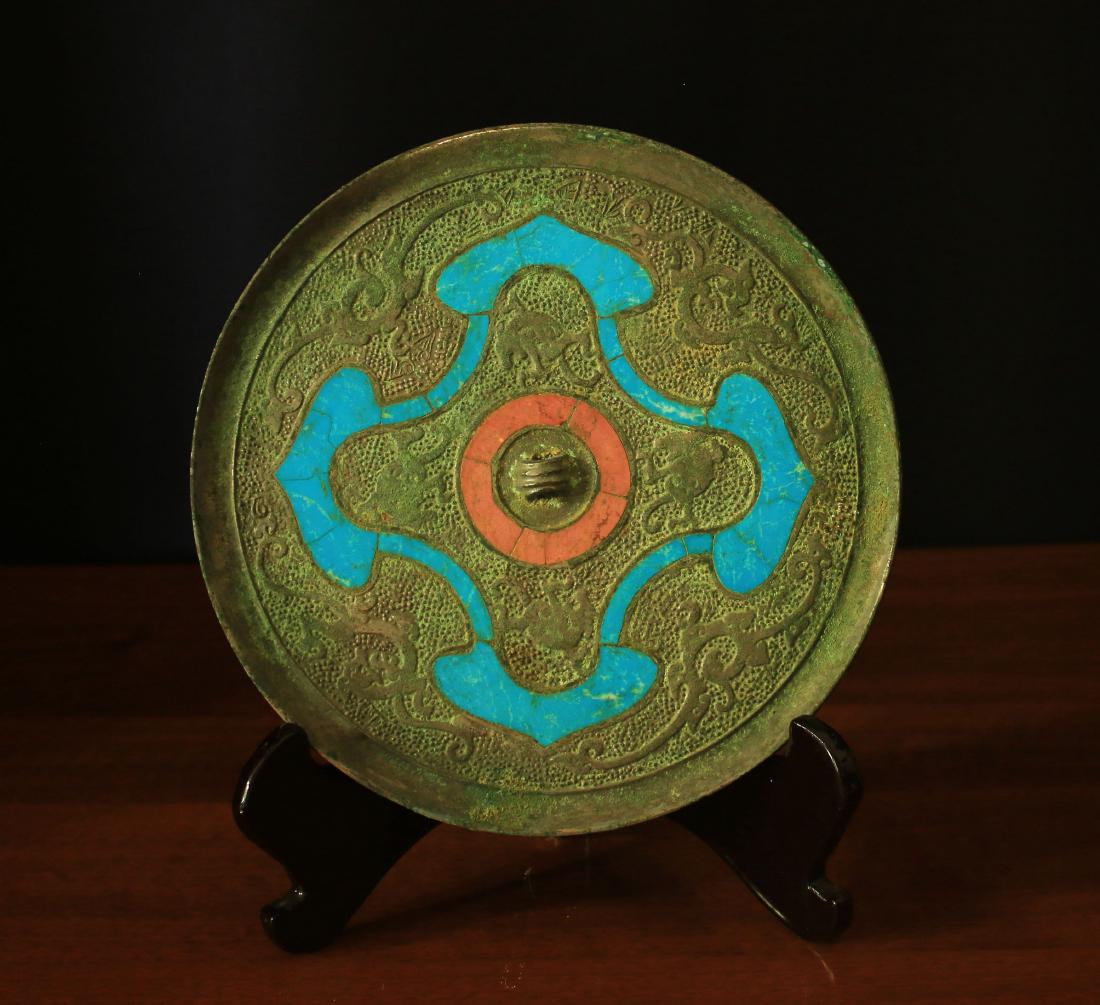 Bronze Mirror MinGuo period with torquoise (1 of 1)