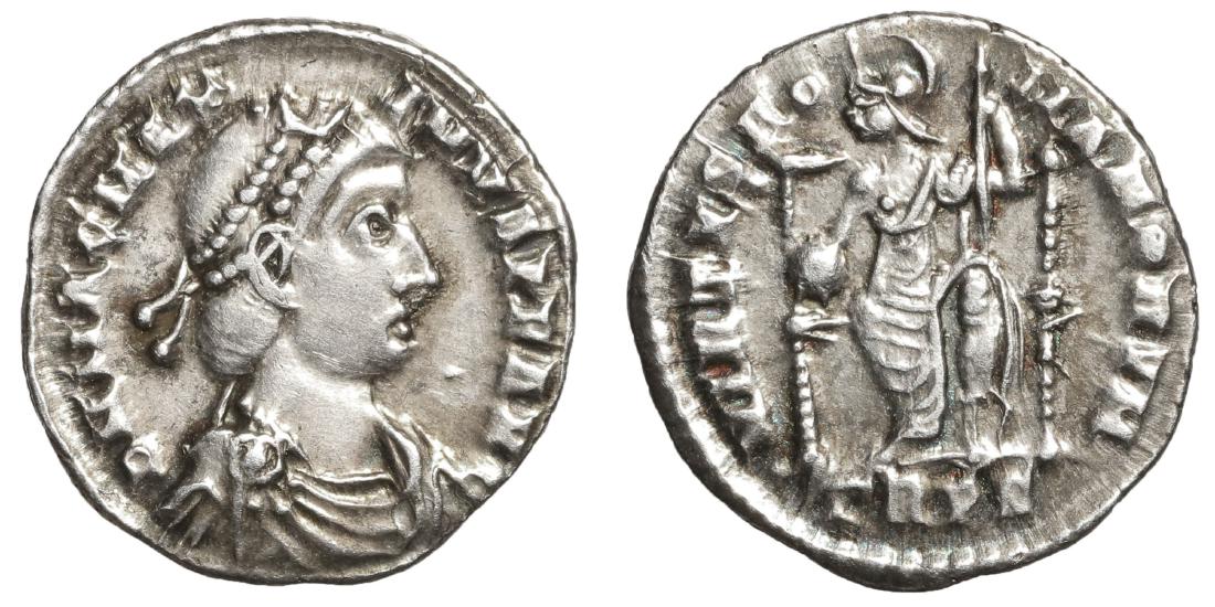 Usurper Magnus Maximus 383-388 AD. Silver Siliqua: Magnus Maximus 383-388 AD. AR Siliqua. 2,1 gr. â€“ 17,6 mm. O:\ D N MAG MAX-IMVS P F AVG, diademed, draped and cuirassed bust right. R:\ VIRTVS ROMANORVM, Roma enthroned facing, head left, holdin