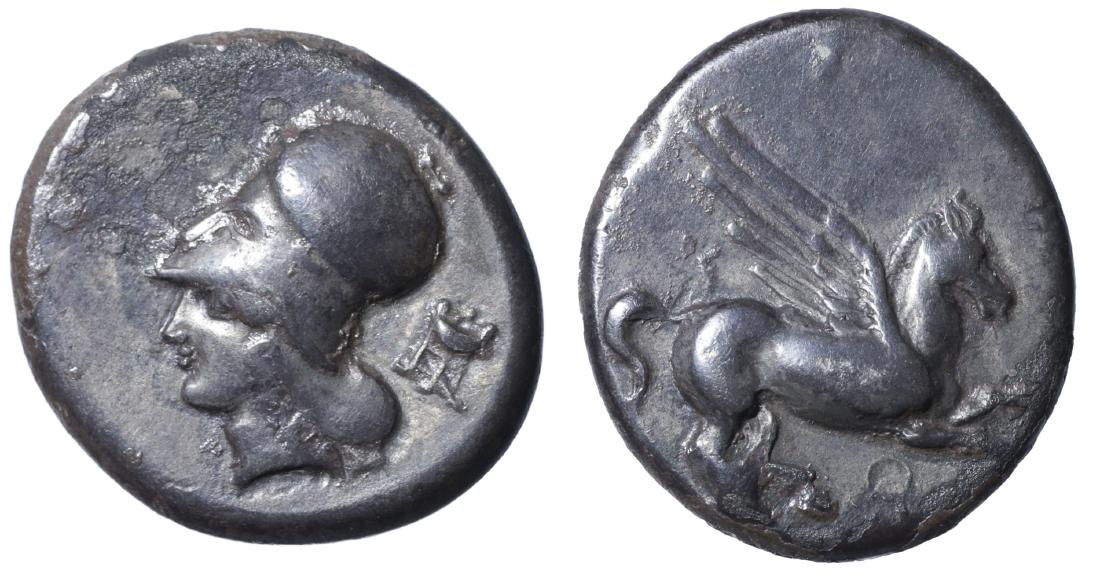 Corinth 400-375 BC Silver Stater: CORINTHIA, Corinth. Circa 400-375 BC. AR Stater. 19mm - 8.24 g, 9h. O:\ Pegasos flying right; E above hindquarters (just below wing). R:\ Helmeted head of Athena left; tripod to right. Ravel 691; Pega