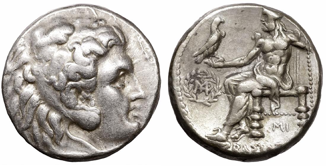Seleukid Babylon. Seleukos I Nikator 312-281 BC.: Seleukid Kingdom. Babylon. Seleukos I Nikator 312-281 BC. Tetradrachm. AR 24 mm - 17,02 gr. O:\ Head of Herakles right, wearing lion skin. R:\ Zeus AÃ«tophoros seated left, monogram in wreath in lef