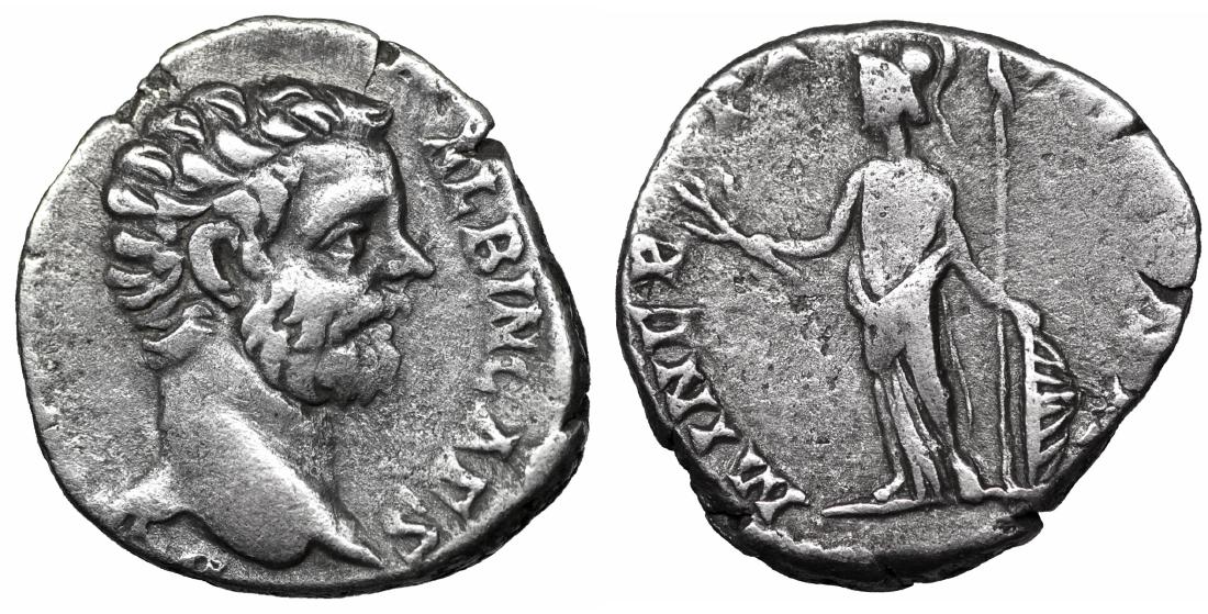 Clodius Albinus AD 193-197. Rome. Denarius.Rare. VF+: Clodius Albinus AD 193-197. Rome. Denarius. AR 16 mm - 2,84 gr. O:\ D CLOD SEPT ALBIN CAES, bare head right. R:\ MINER PACIF COS II, Minerva standing left, holding olive branch and spear, and resting 