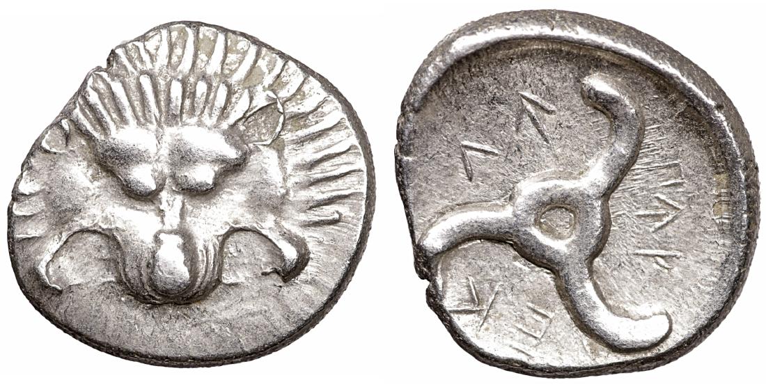 Dynasts of Lycia. Perikles 380-360 BC. 1/3 Stater.: Dynasts of Lycia. Perikles 380-360 BC. 1/3 Stater. AR 17 mm - 2,69 gr. O:\ Facing lion's scalp. R:\ Triskeles; PERIKLE around in Lycian letters. Falghera 217; SNG Copenhagen -; SNG von Aulock 4254-6. 