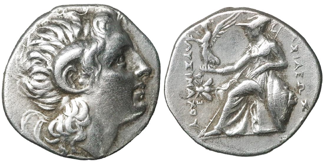 Kings of Thrace Lysimachos 305-281 BC Silver Drachm: Kings of Thrace. Lysimachos 305-281 BC. AR Drachm. (18mm, 4.23g). Ephesos mint. Struck circa 295/4-289/8 BC. O:\ Diademed head of the deified Alexander right, with horn of Ammon. R:\ Athena Nikephoros