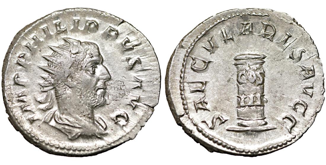 Philip I AR Antoninianus AD 248 XF: Philip I. AR Antoninianus. Rome, AD 248. 4.55g, 22mm, 12h. O:\ IMP PHILIPPVS AVG, radiate, draped and cuirassed bust right. R:\ SAECVLARES AVG G, low column inscribed COS III. RIC 24c. XF