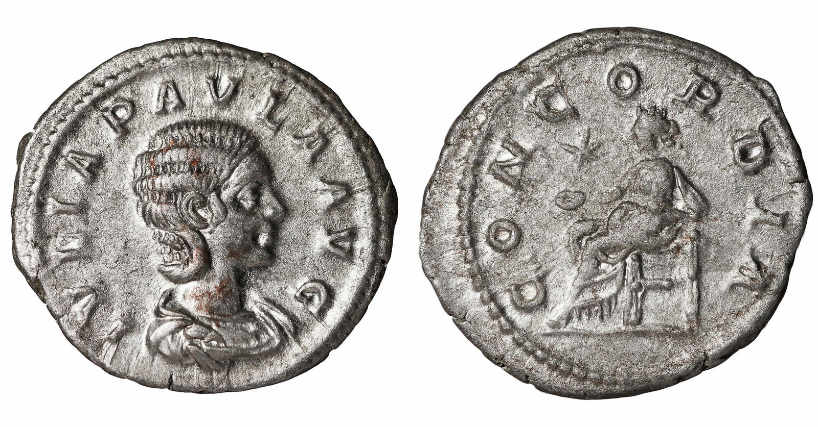 Julia Paula wife of Elagabalus 219-220 AD Silver: Julia Paula (first wife of Elagabalus) 219-220 AD. Denarius. 3.40 gr. - 20.7 mm. Roma. O:\ Draped bust right; IVLIA PAVLA AVG. R:\ CONCORDIA; Concordia seated left, patera in right, left elbow rests o