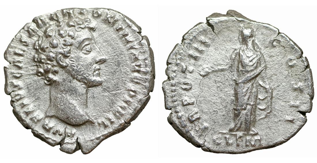 Marcus Aurelius Caesar AR Denarius XF: Marcus Aurelius Caesar. AR Denarius. 2.80 gr. â€“ 17.9 mm. Rome, 148/149. O:\ AVRELIVS CAESAR ANTONINI AVG PII FIL, Bare head to right. R:\ TR POT III COS II, Clementia standing front, head to le