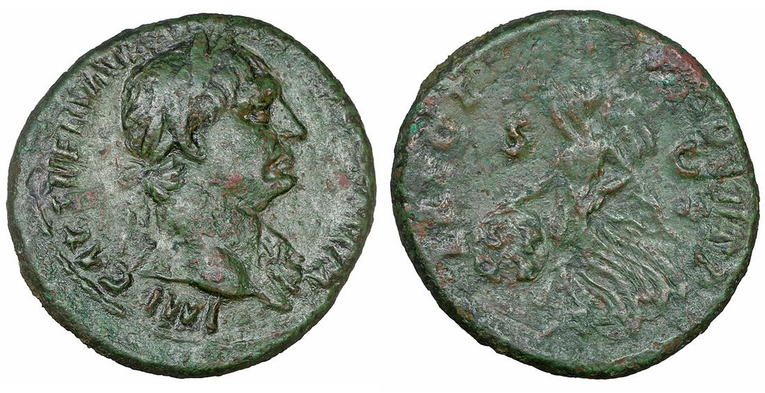 Trajan Ã† As Rome AD 98-99: Trajan Ã† As. Rome, AD 98-99. 11.15 gr. â€“ 27.8 mm. O:\ IMP CAES NERVA TRAIAN AVG GERM P M, laureate bust to right, aegis on far shoulder. R:\ TR POT COS II P P, Victory advancing to left, ho