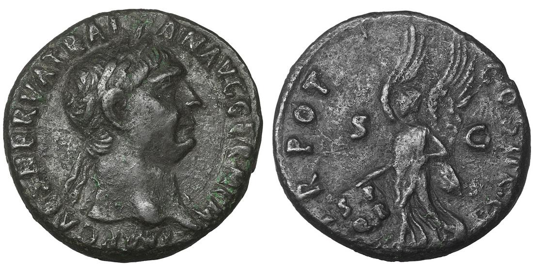 Trajan Ã† As Rome AD 98-99: Trajan Ã† As. Rome, AD 98-99. 10.85 gr. â€“ 25.8 mm. O:\ IMP CAES NERVA TRAIAN AVG GERM P M, laureate bust to right, aegis on far shoulder. R:\ TR POT COS II P P, Victory advancing to left, ho