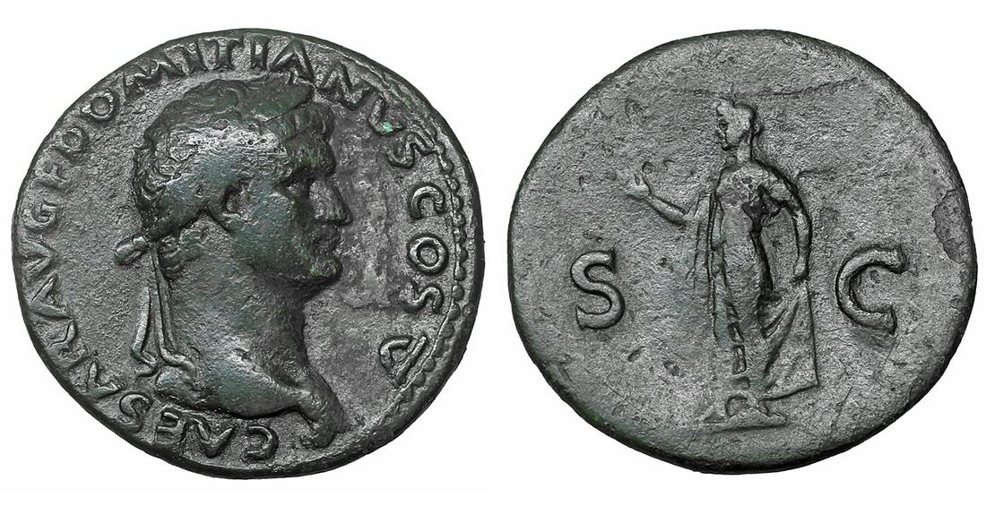 DOMITIAN Caesar 69-81 As Lugdunum: DOMITIAN (Caesar, 69-81). As. Lugdunum. 9.15 gr. â€“ 28.4 mm. O:\ CAESAR AVG F DOMITIANVS COS V. Laureate head right. R:\ S - C. Spes standing left, holding flower and raising hem of skirt. RICÂ