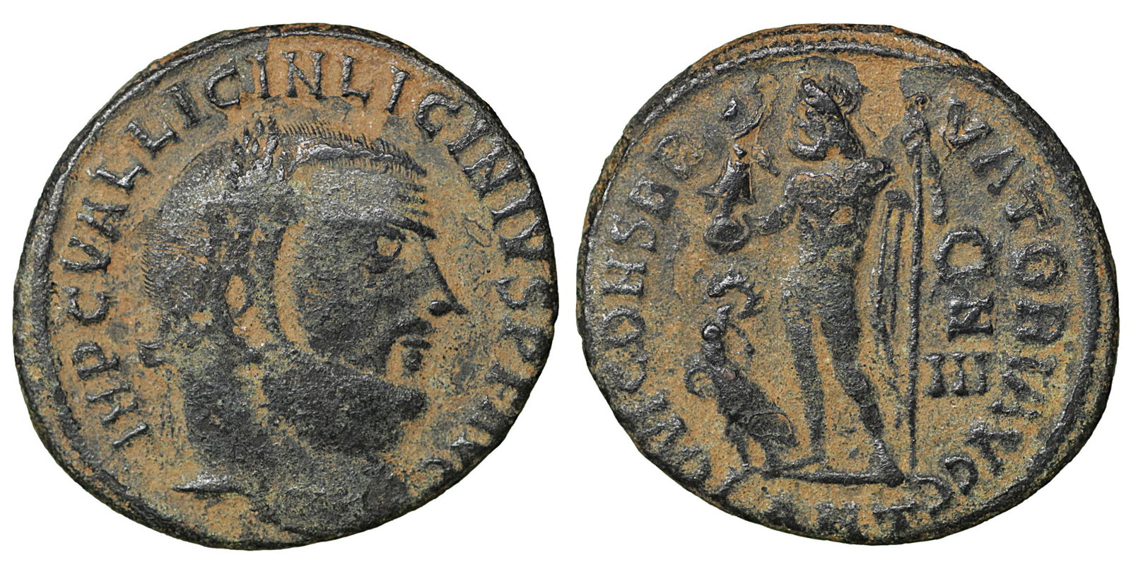 Licinius I 308-324 Follis. Antioch: Licinius I (308-324). Follis. Antioch. 3.00 gr. â€“ 19.2 mm. O:\ IMP C VAL LICIN LICINIVS PF AVG. Laureate head right. R:\ IOVI CONSERVATORI AVGG /ANT. Jupiter standing left holding Victory on a 