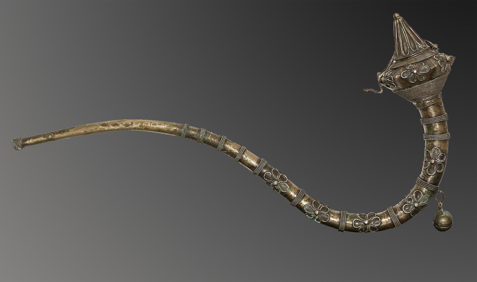 China Min Guo period 1920 Silvered brass opium pipe 26 cm (1 of 4)