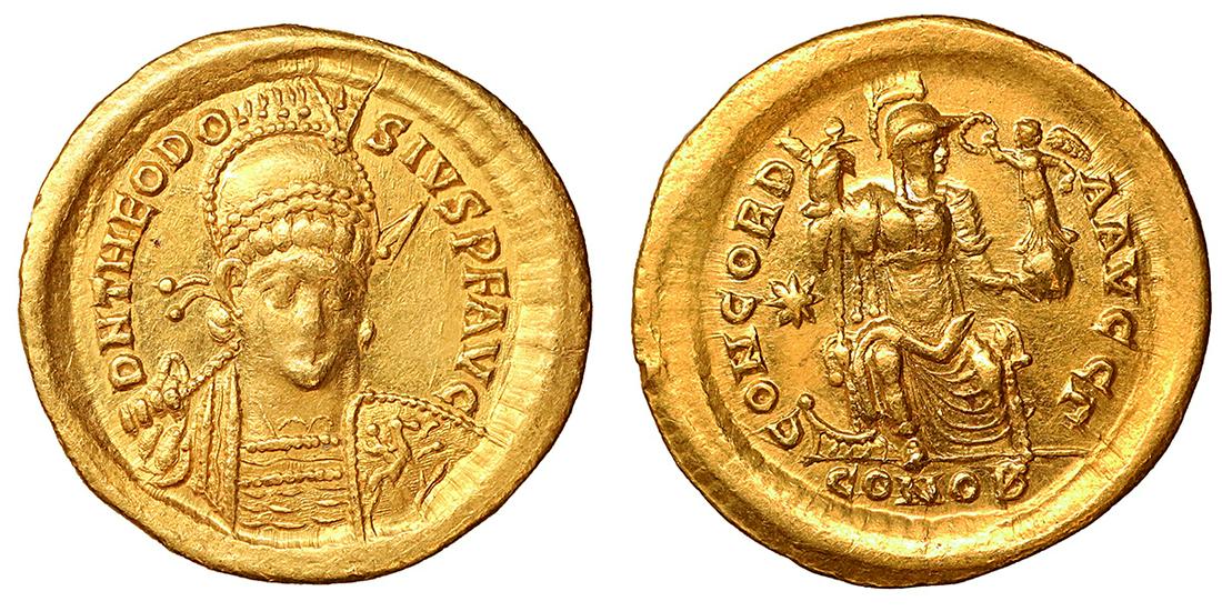 Theodosius II AD 402-450 Gold Solidus Constantinople XF+ (1 of 1)
