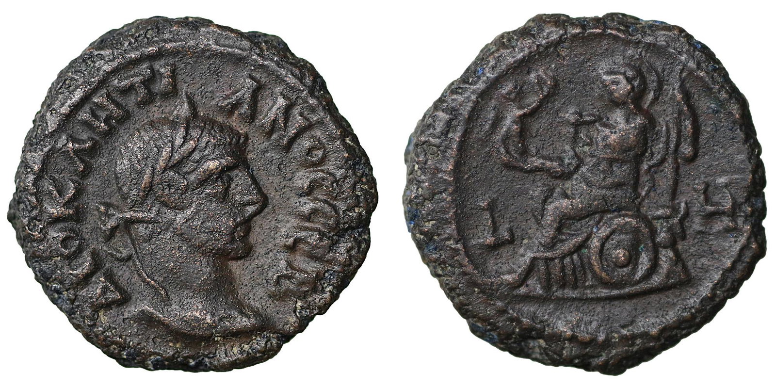 Egypt Alexandria Diocletian 284-305 Tetradrachm Roman coin: Egypt, Alexandria Diocletian, 284-305 Tetradrachm circa 291-292 (year 8), billon 20.20 mm., 7.70 g. Laureate and cuirassed bust r. Rev. Athena seated l., holding Nike and spear; below, shield and in f