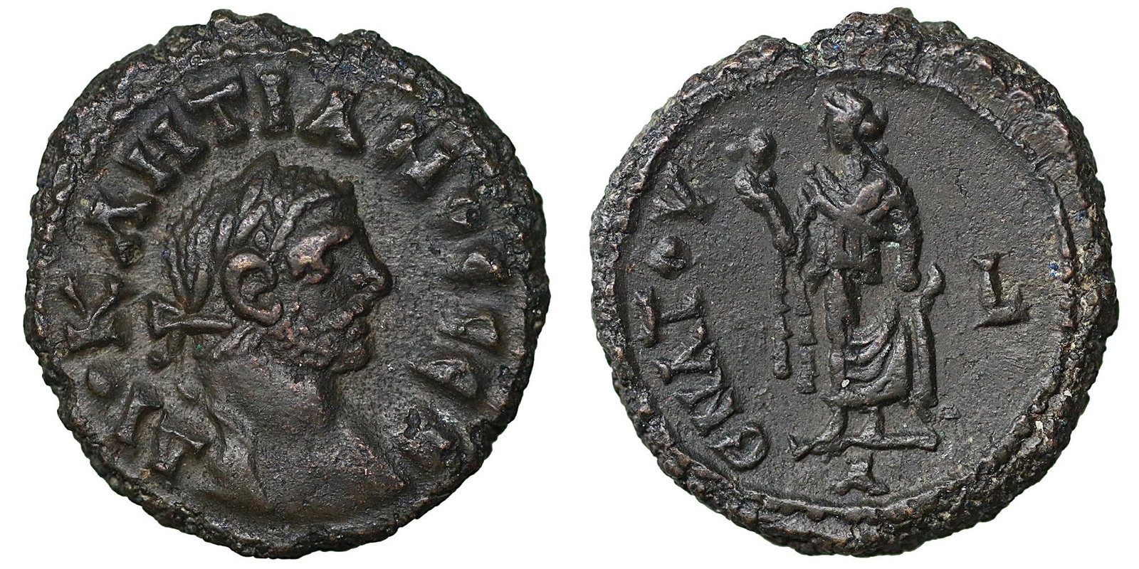 Egypt Alexandria Diocletian 284-305 Tetradrachm Roman coin: Egypt, Alexandria Diocletian, 284-305 Tetradrachm circa 292-293 (year 9), billon 19.50 mm., 7.52 g. Laureate and cuirassed bust r. Rev. L ENATOV Elpis advancing l., holding flower and rising skirt; in