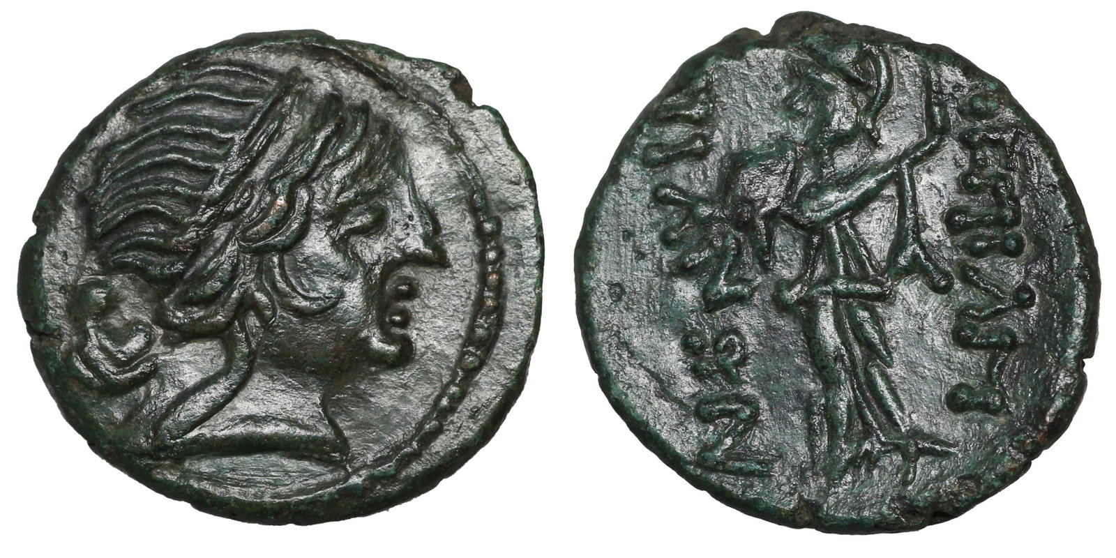 Ancient Greek coin Thrace Mesembria 175-100 BC: Thrace. Mesembria circa 175-100 BC. Bronze Ã† 5,90 gr. â€“ 19,1 mm. Diademed head of female (Amazon) right / ÎœÎ•Î£Î‘ÎœÎ’Î¡Î™Î‘ÎÎ©Î, Athena Promachos standing to lef