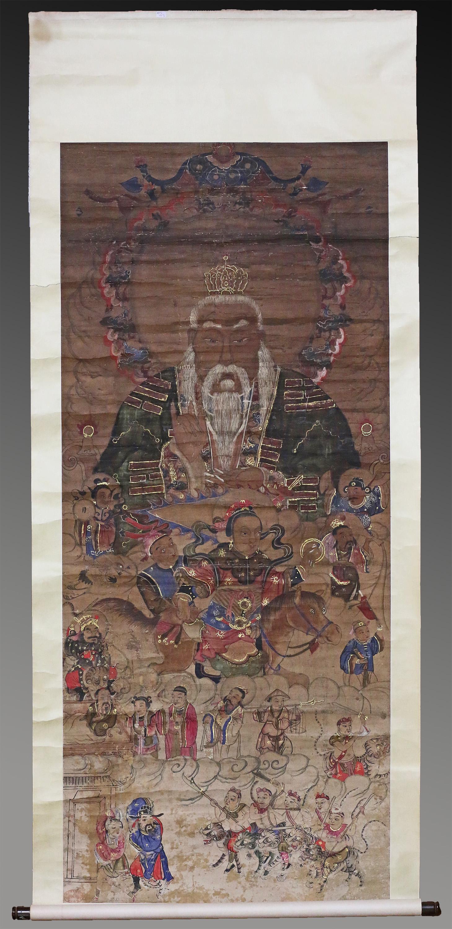 China. 1600 AD. A lovely old Chinese scroll painting (ink on silk) 144 cm: China. Late Ming - Early Qing Dynasty. 1600 AD. A lovely old Chinese scroll painting (ink on silk) with a central decoration of Wenchang Wang surrounded by horses, tigers, cranes, Buddhist treasures,