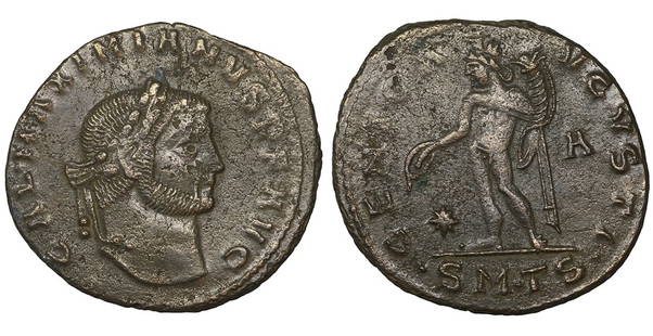 Galerius AD 305-311 Æ Follis VF+: Galerius. AD 305-311. Æ Follis. 25 mm, 6,79 g. Thessalonica mint, 1st officina. Struck circa AD 308-310. GAL MAXIMIANVS P F AVG Laureate head right / Genius standing left, holding patera and cornu