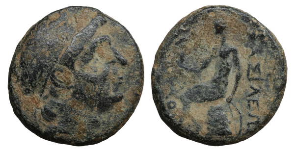 SELEUKID Antiochos III the Great 222-187 BC Bronze: SELEUKID KINGS OF SYRIA. Antiochos III the Great (222-187 BC). Bronze. Ae 3.60 gr. – 16.0 mm. O:\ Head of Apollo right. R:\ BAΣIΛEΩΣ ANTIOXOY. Athena Nikephoros seated left on thro